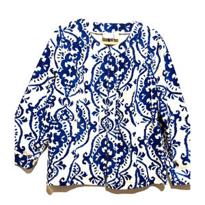 Chicos Indigo Blue White Batik Hidden Hook Collarless‎ Jacket Blazer Sz 3 US XL
